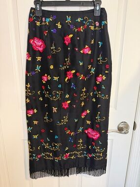 Vintage  CLIO Silk Embroidered Floral Skirt w/ Fringe Hem | Boho Festival SILK